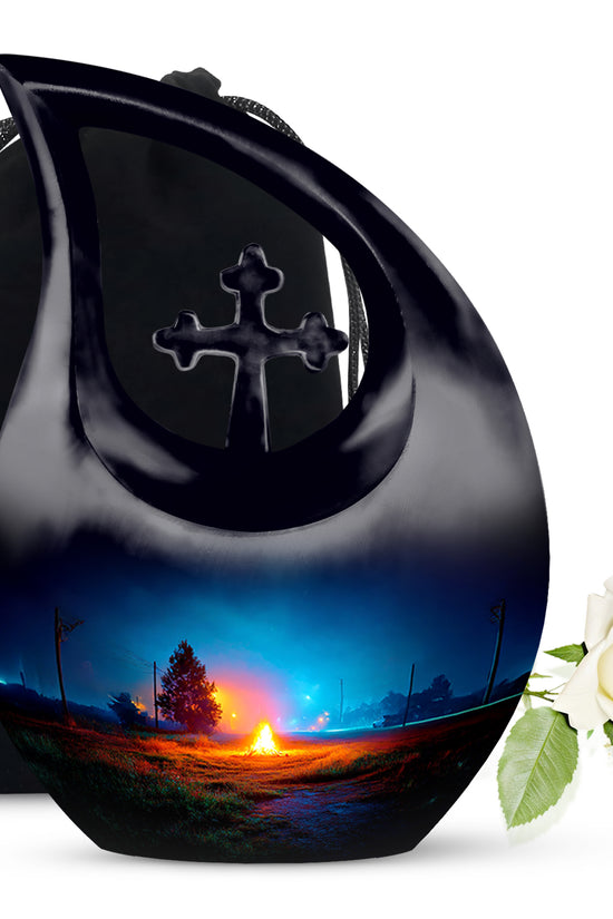 Navy Blue Campfire Cremation Urn top-down view of secure threaded lid - cross and campfire combined in spiritual memorial design - full-size 10 inch 200 cubic inch adult cremation urn