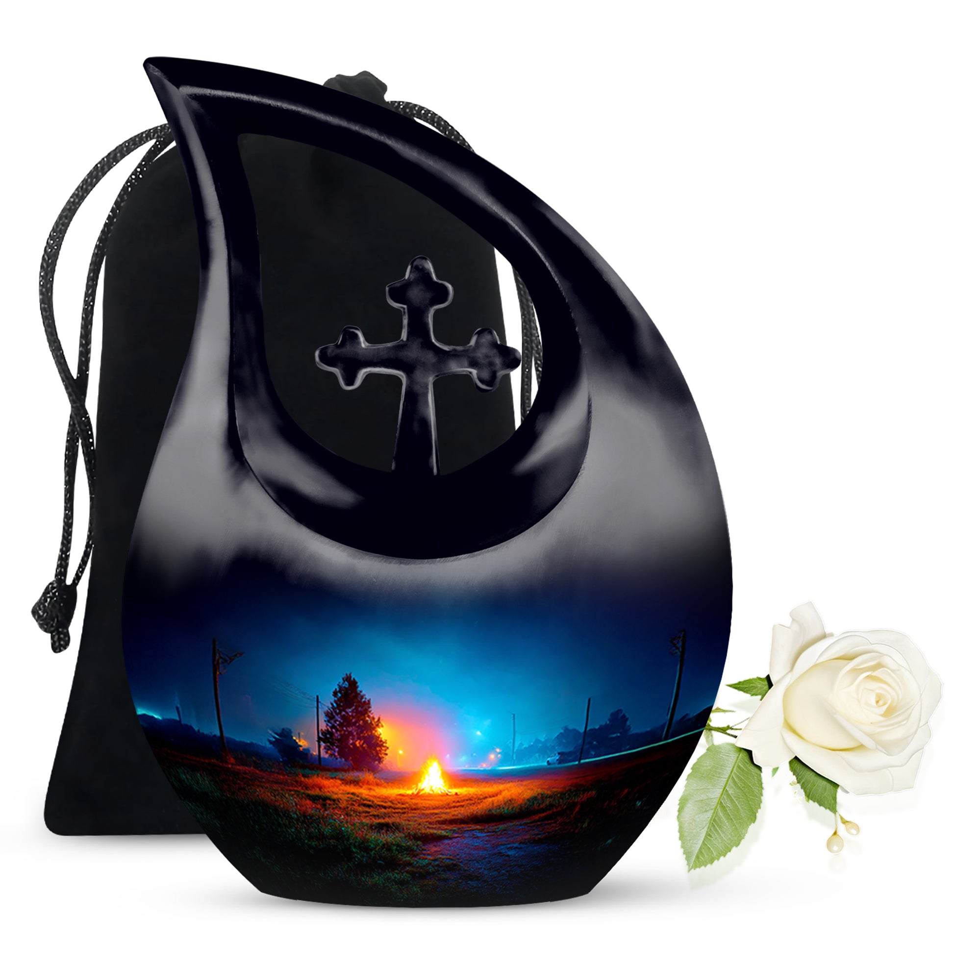 Navy Blue Campfire Cremation Urn top-down view of secure threaded lid - cross and campfire combined in spiritual memorial design - full-size 10 inch 200 cubic inch adult cremation urn