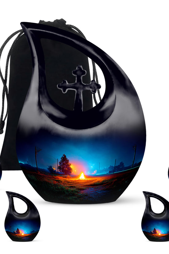 Icy Blue Campfire Cremation Urn urn with complimentary velvet bag - sacred cross merged with campfire motif on metal - memorial set with one large and four small urns