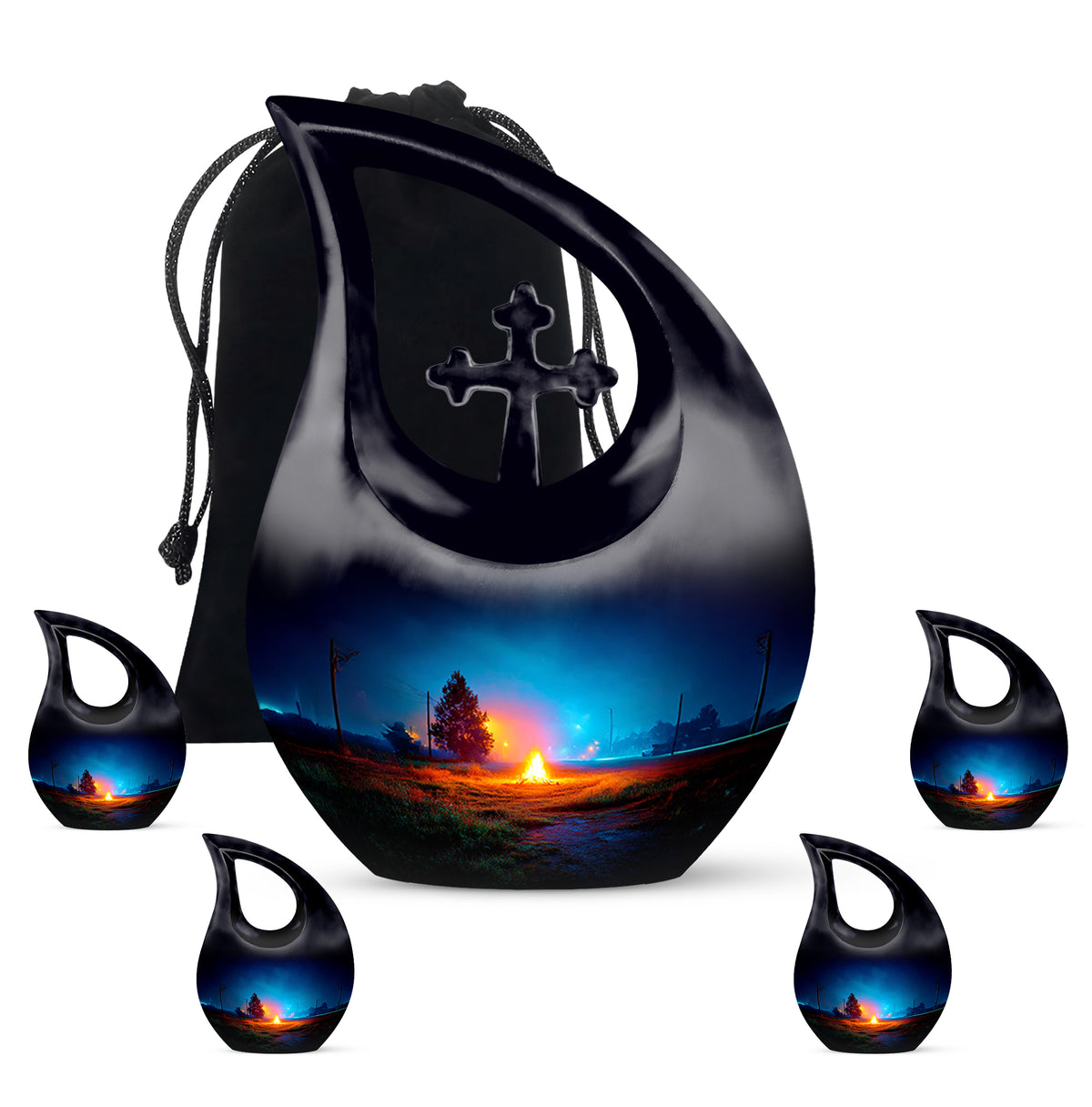 Icy Blue Campfire Cremation Urn urn with complimentary velvet bag - sacred cross merged with campfire motif on metal - memorial set with one large and four small urns