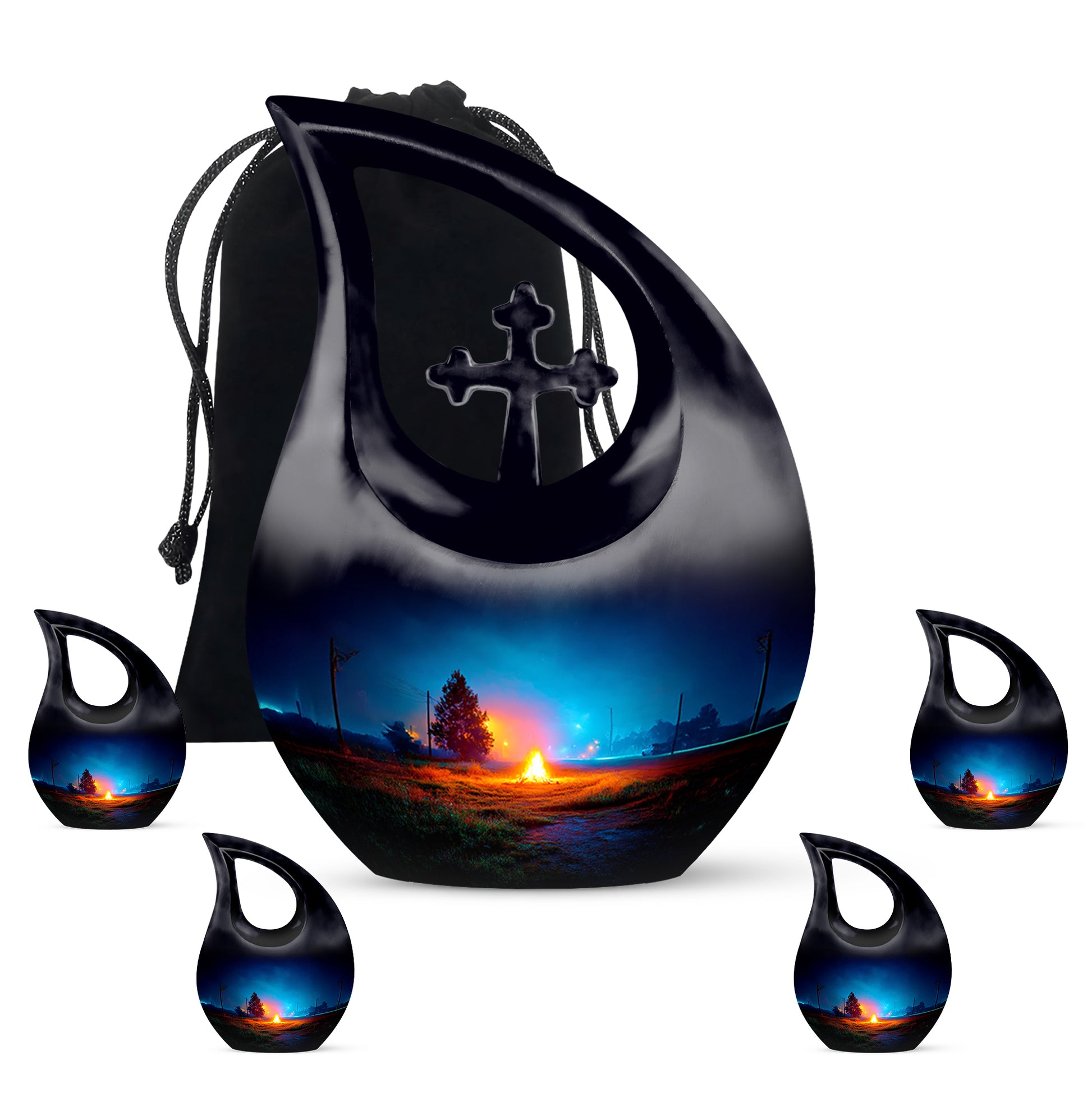 Icy Blue Campfire Cremation Urn urn with complimentary velvet bag - sacred cross merged with campfire motif on metal - memorial set with one large and four small urns