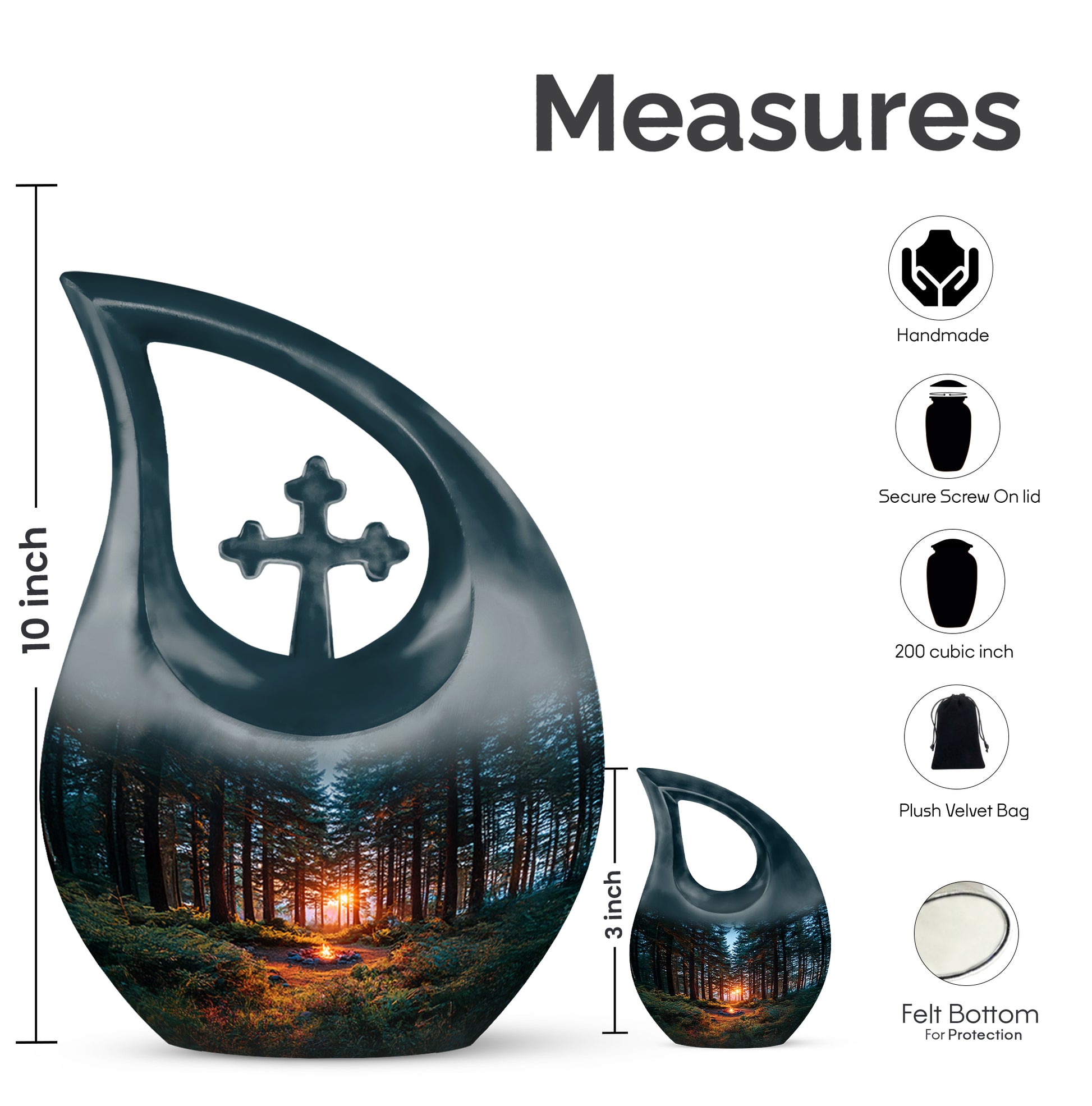 Navy Blue Campfire Cremation Urn back view with polished surface - sacred cross merged with campfire motif on metal - mini keepsake memorial for portion of cremation ashes