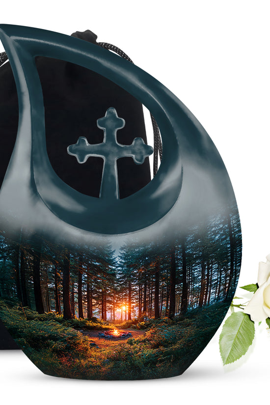 Pastel Blue Campfire Cremation Urn top-down view of secure threaded lid - cross and campfire combined in spiritual memorial design - full-size 10 inch 200 cubic inch adult cremation urn