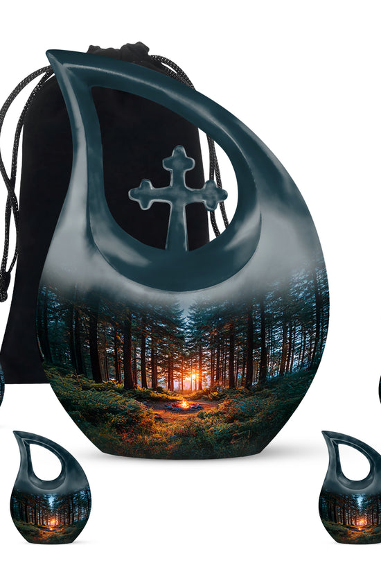 Celestial Blue Campfire Cremation Urn urn with complimentary velvet bag - cross and campfire combined in spiritual memorial design - memorial set with one large and four small urns