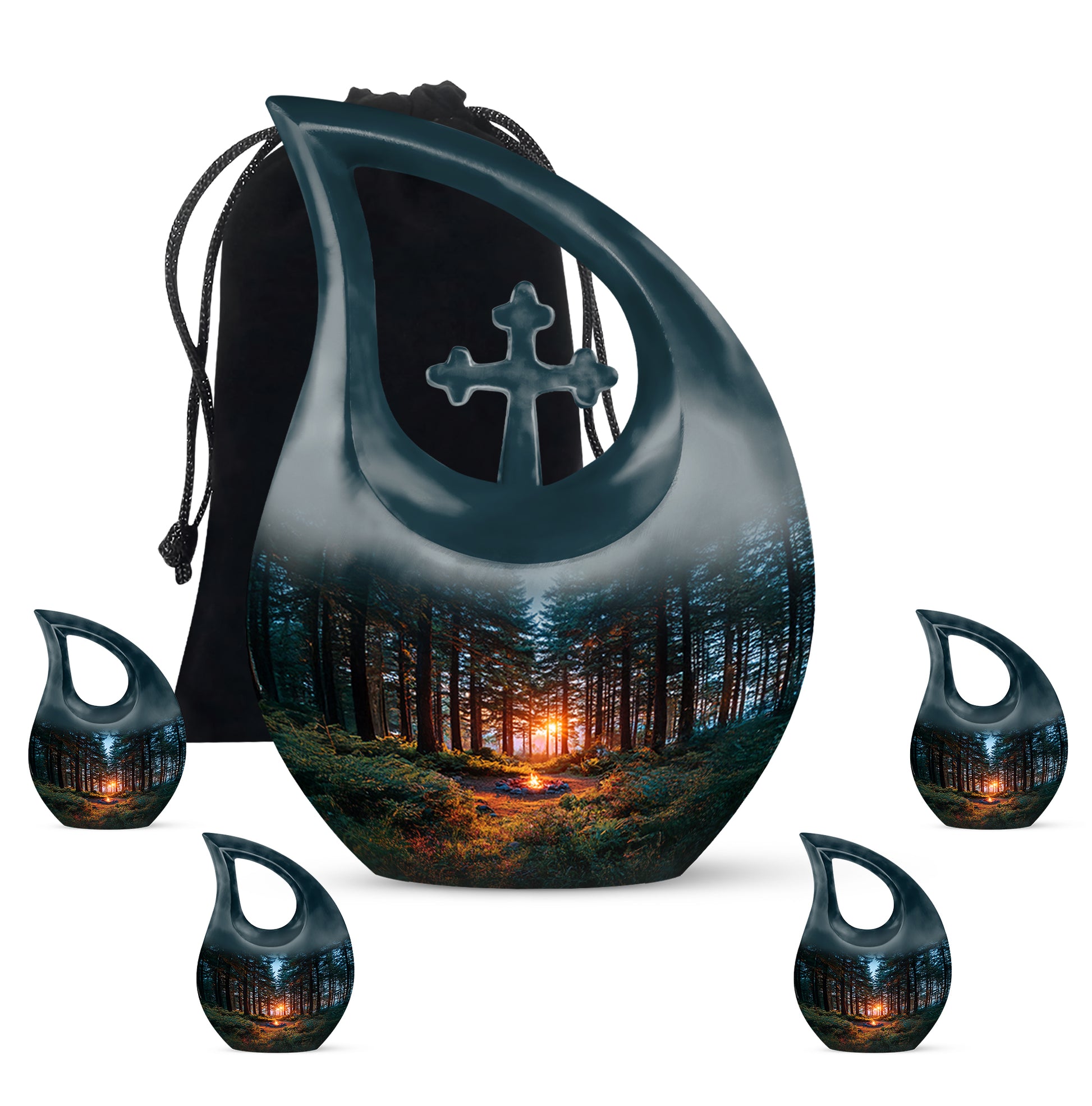 Celestial Blue Campfire Cremation Urn urn with complimentary velvet bag - cross and campfire combined in spiritual memorial design - memorial set with one large and four small urns