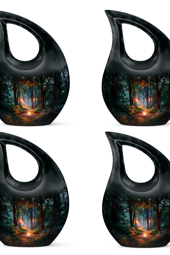 Dark Black Campfire Cremation Urn lifestyle display on memorial shelf - faith-inspired cross-drop urn with campfire pattern - 10 inch aluminum urn for cremated remains