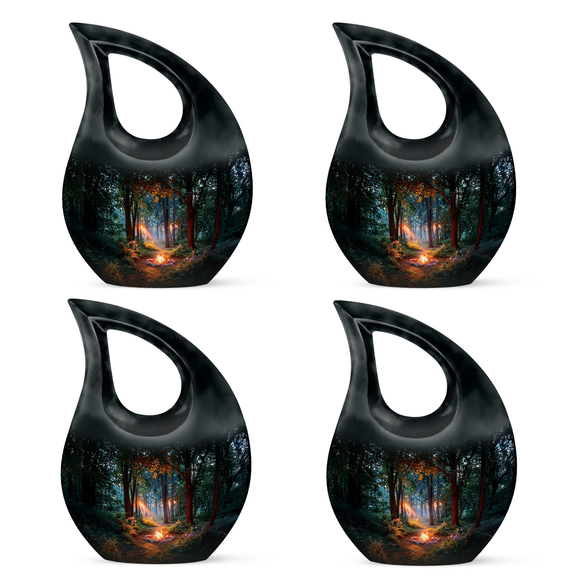 Dark Black Campfire Cremation Urn lifestyle display on memorial shelf - faith-inspired cross-drop urn with campfire pattern - 10 inch aluminum urn for cremated remains