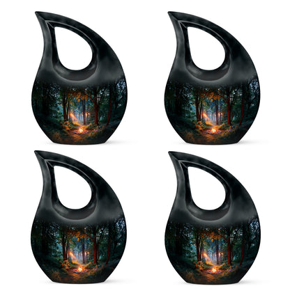 Dark Black Campfire Cremation Urn lifestyle display on memorial shelf - faith-inspired cross-drop urn with campfire pattern - 10 inch aluminum urn for cremated remains