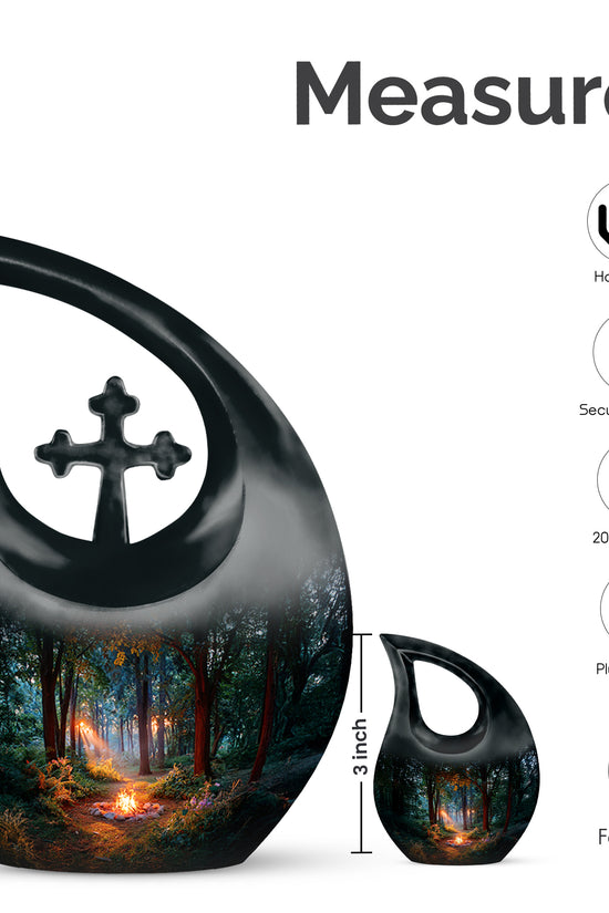 Midnight Black Campfire Cremation Urn back view with polished surface - faith-inspired cross-drop urn with campfire pattern - mini keepsake memorial for portion of cremation ashes