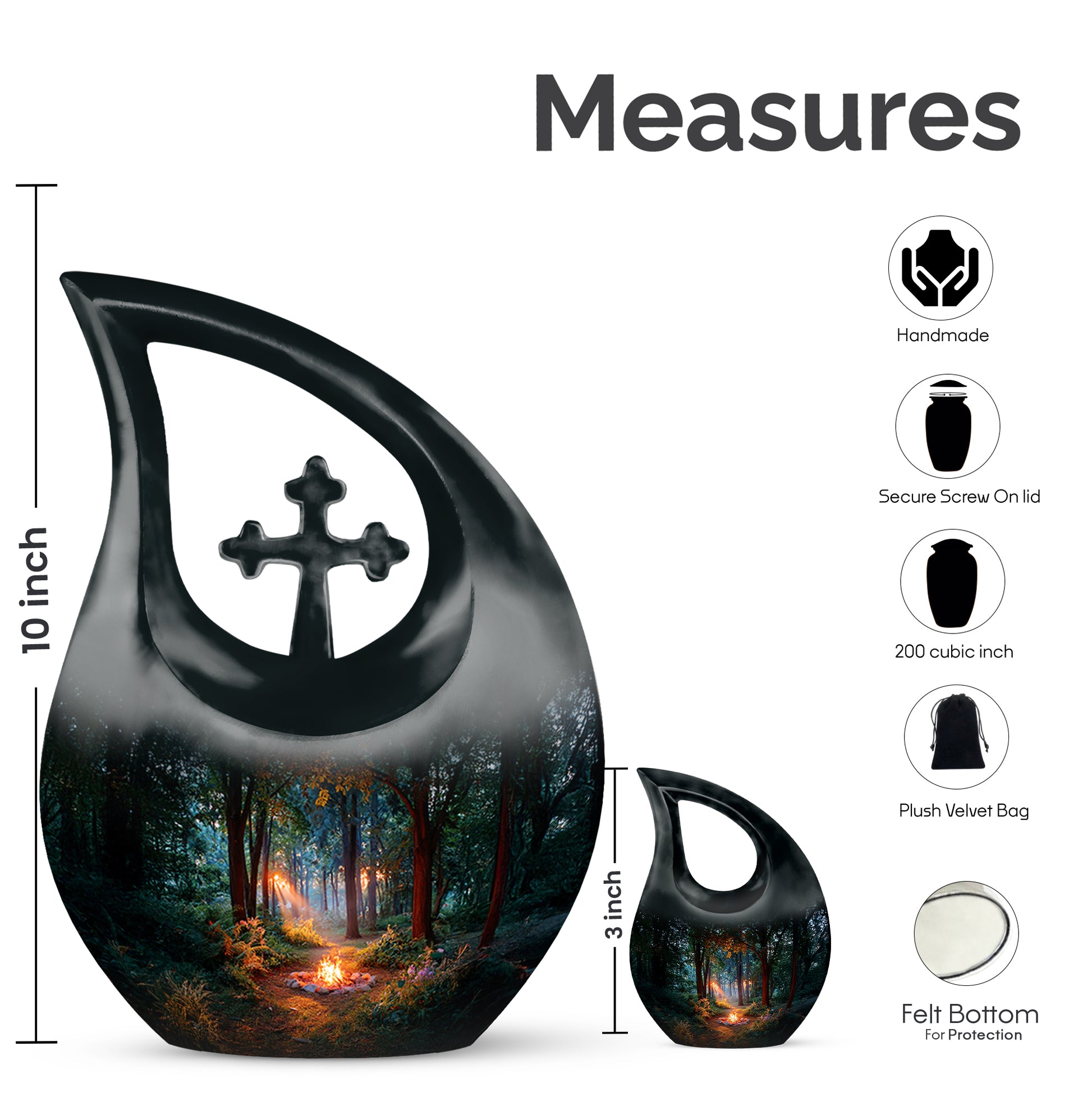 Midnight Black Campfire Cremation Urn back view with polished surface - faith-inspired cross-drop urn with campfire pattern - mini keepsake memorial for portion of cremation ashes