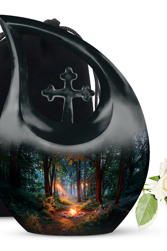 Ebony Campfire Cremation Urn top-down view of secure threaded lid - cross and campfire combined in spiritual memorial design - full-size 10 inch 200 cubic inch adult cremation urn