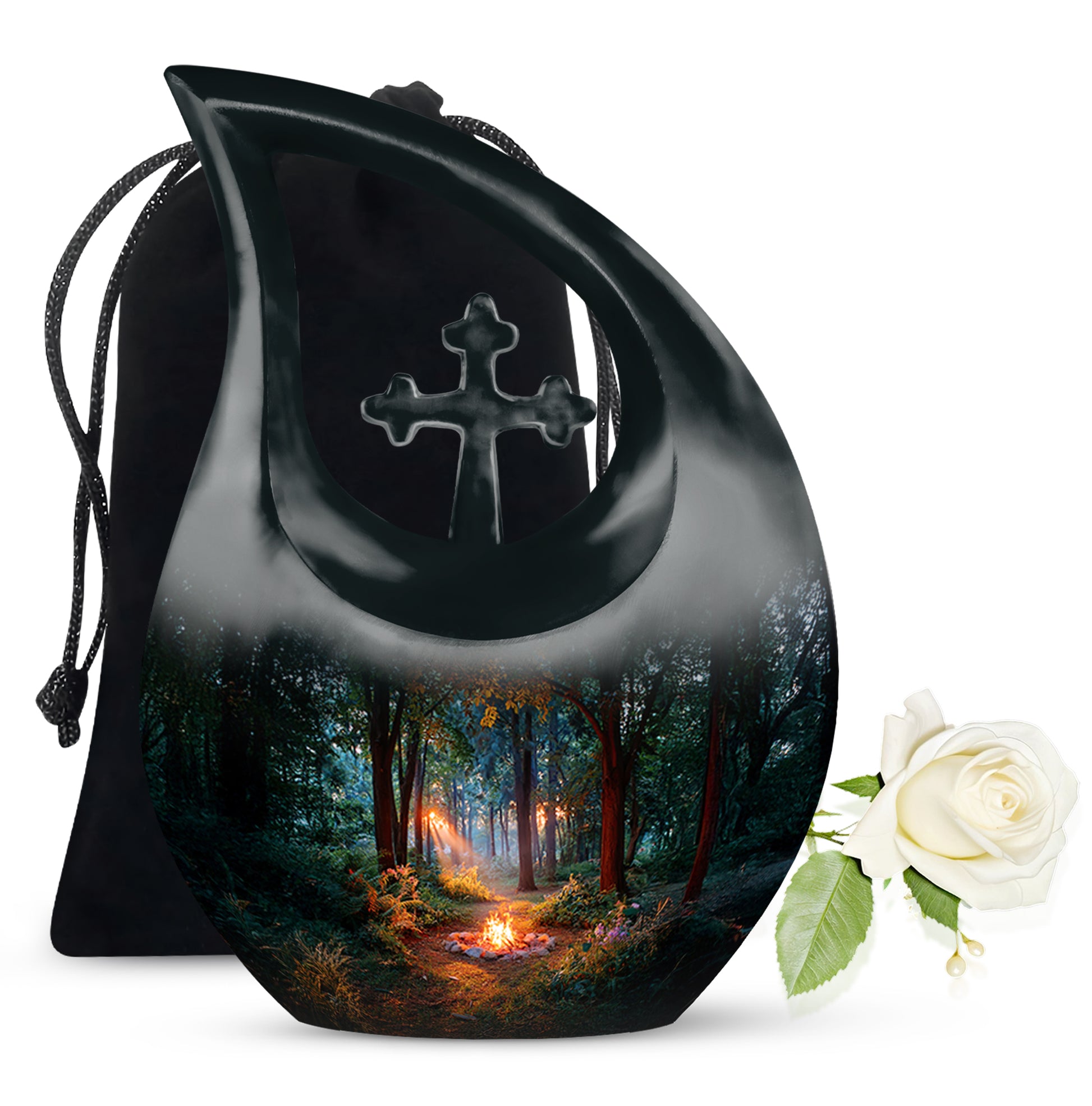 Ebony Campfire Cremation Urn top-down view of secure threaded lid - cross and campfire combined in spiritual memorial design - full-size 10 inch 200 cubic inch adult cremation urn