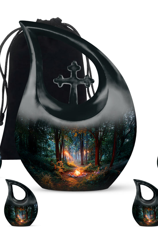 Dark Black Campfire Cremation Urn urn with complimentary velvet bag - faith-inspired cross-drop urn with campfire pattern - memorial set with one large and four small urns
