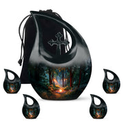 Dark Black Campfire Cremation Urn urn with complimentary velvet bag - faith-inspired cross-drop urn with campfire pattern - memorial set with one large and four small urns