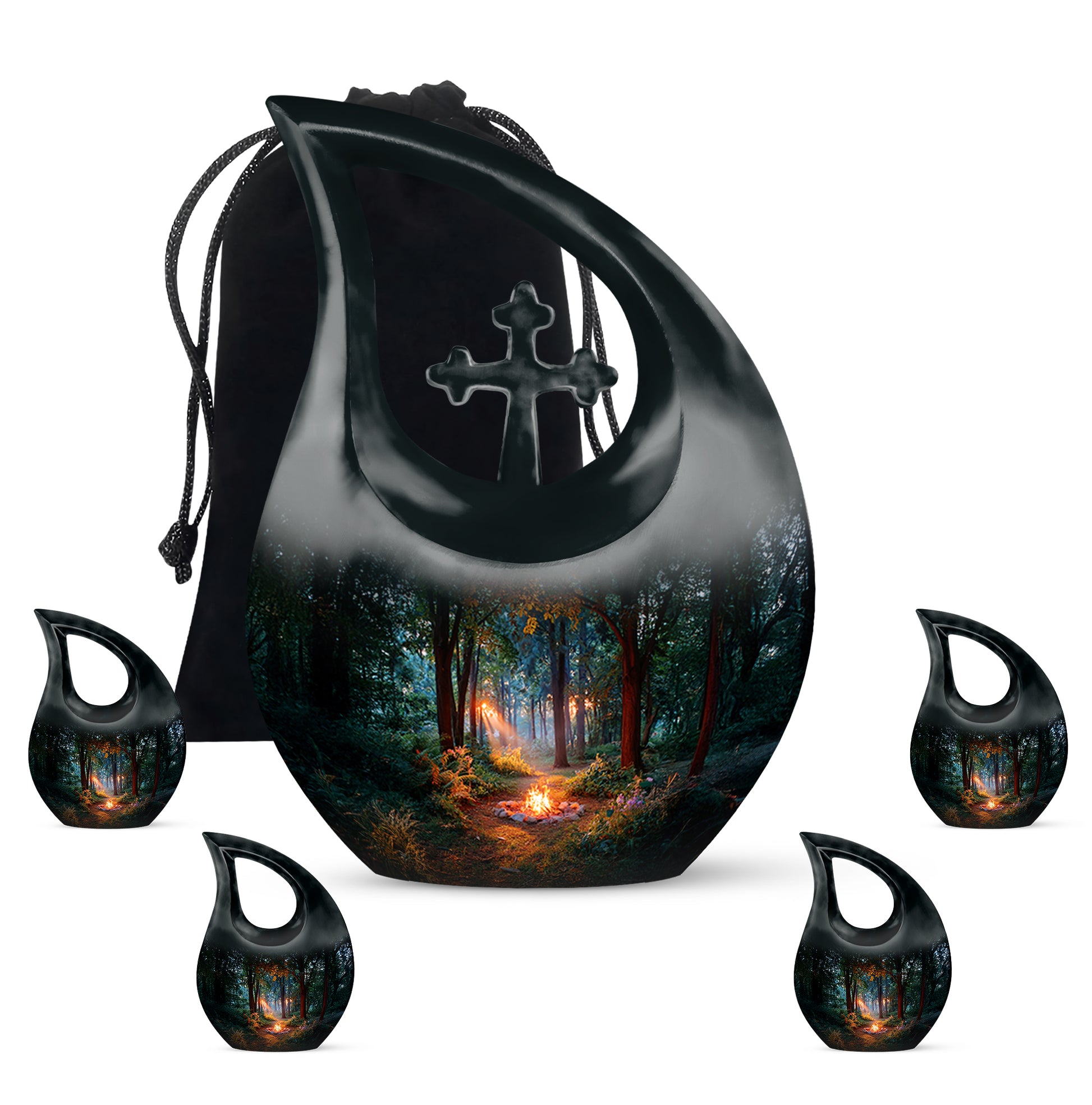 Dark Black Campfire Cremation Urn urn with complimentary velvet bag - faith-inspired cross-drop urn with campfire pattern - memorial set with one large and four small urns