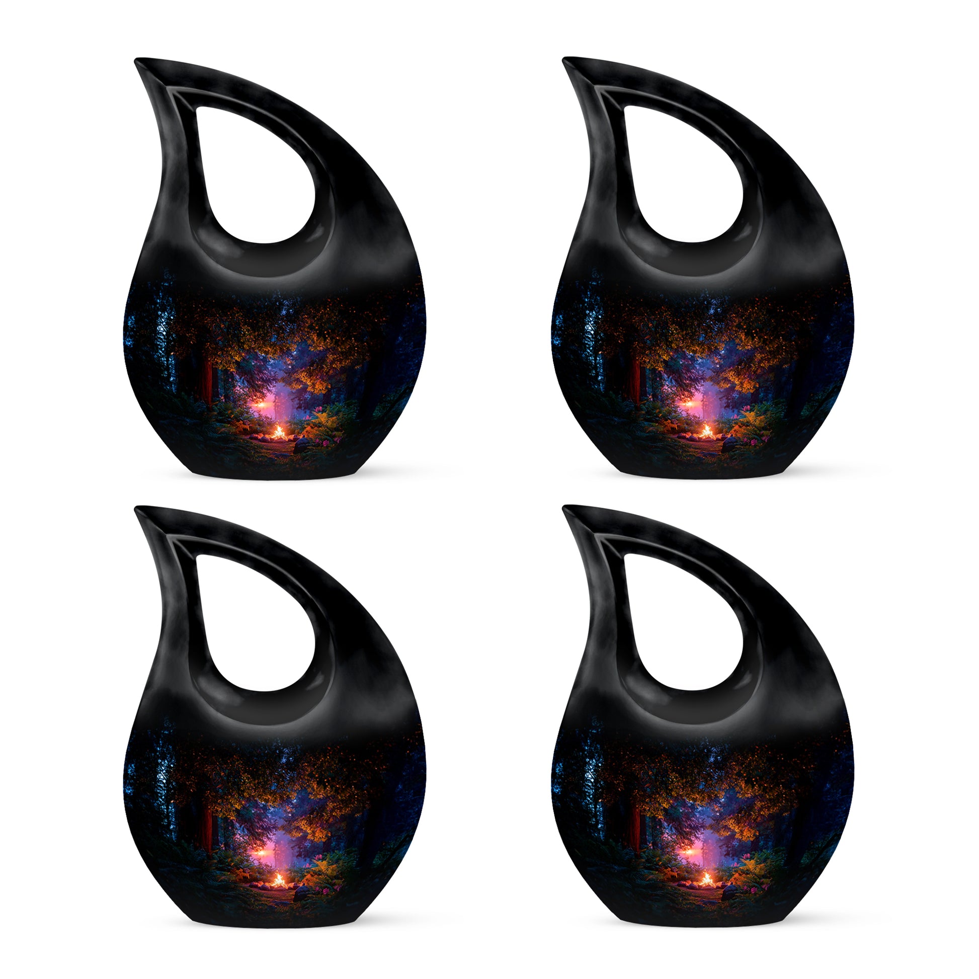 Obsidian Black Campfire Cremation Urn lifestyle display on memorial shelf - faith-inspired cross-drop urn with campfire pattern - 10 inch aluminum urn for cremated remains