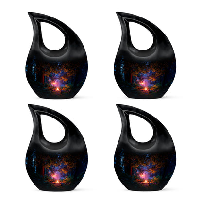 Obsidian Black Campfire Cremation Urn lifestyle display on memorial shelf - faith-inspired cross-drop urn with campfire pattern - 10 inch aluminum urn for cremated remains