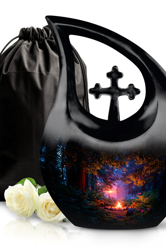 Jet Black Campfire Cremation Urn top-down view of secure threaded lid - cross and campfire combined in spiritual memorial design - full-size 10 inch 200 cubic inch adult cremation urn