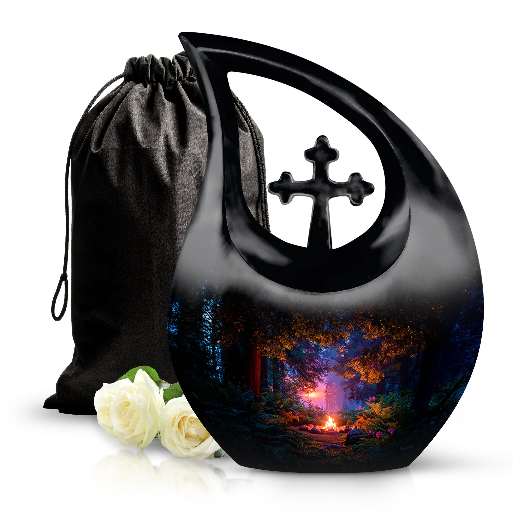 Jet Black Campfire Cremation Urn top-down view of secure threaded lid - cross and campfire combined in spiritual memorial design - full-size 10 inch 200 cubic inch adult cremation urn