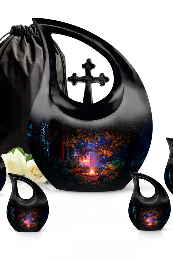Jet Black Campfire Cremation Urn urn with complimentary velvet bag - cross and campfire combined in spiritual memorial design - memorial set with one large and four small urns