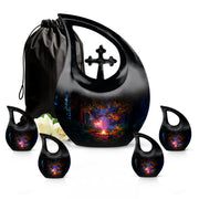 Jet Black Campfire Cremation Urn urn with complimentary velvet bag - cross and campfire combined in spiritual memorial design - memorial set with one large and four small urns