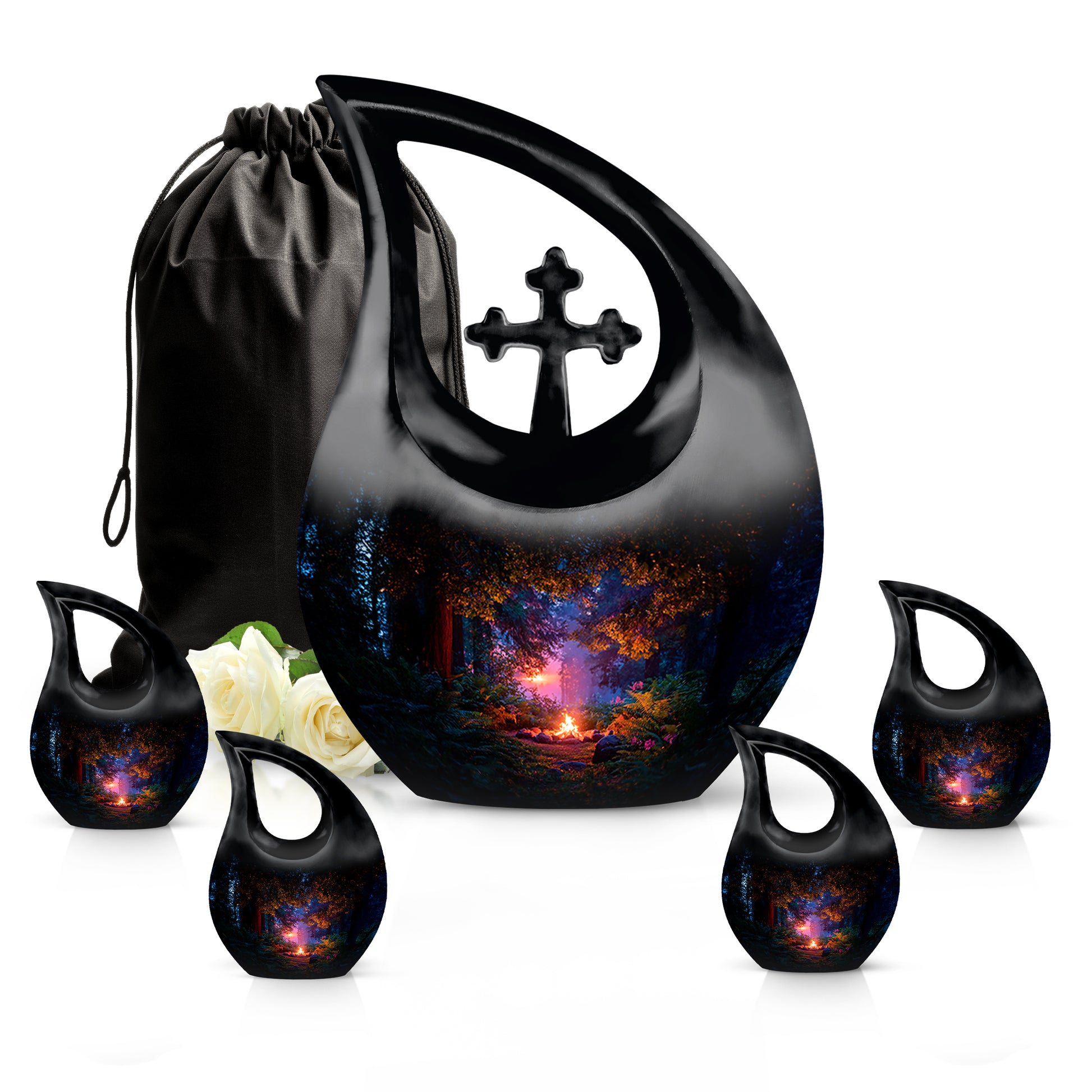Jet Black Campfire Cremation Urn urn with complimentary velvet bag - cross and campfire combined in spiritual memorial design - memorial set with one large and four small urns