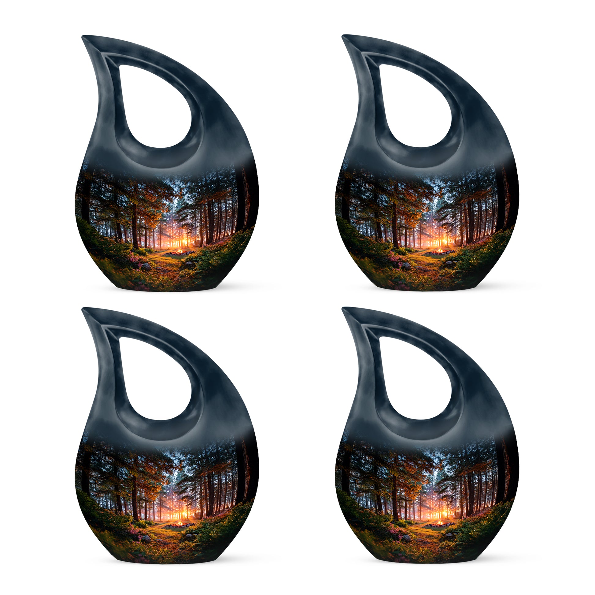 Rich Black Campfire Cremation Urn lifestyle display on memorial shelf - cross and campfire combined in spiritual memorial design - 10 inch aluminum urn for cremated remains