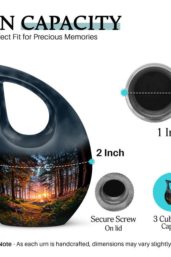 Dark Black Campfire Cremation Urn back view with polished surface - faith-inspired cross-drop urn with campfire pattern - mini keepsake memorial for portion of cremation ashes
