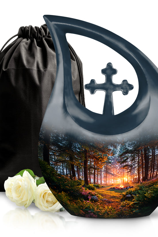 Onyx Black Campfire Cremation Urn top-down view of secure threaded lid - devotional cross-drop campfire engraving - full-size 10 inch 200 cubic inch adult cremation urn