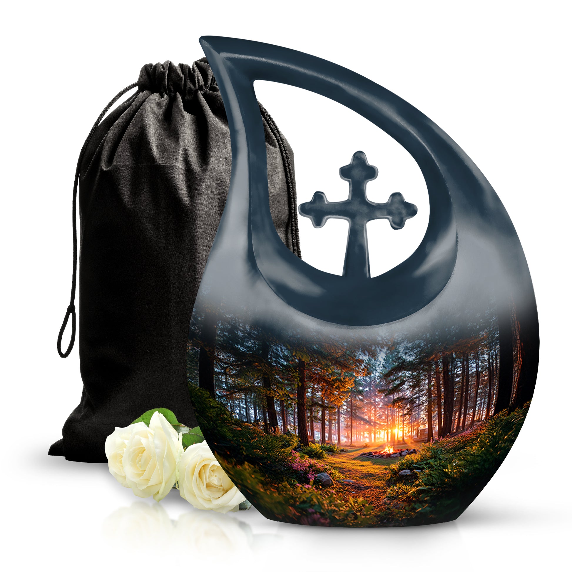Onyx Black Campfire Cremation Urn top-down view of secure threaded lid - devotional cross-drop campfire engraving - full-size 10 inch 200 cubic inch adult cremation urn