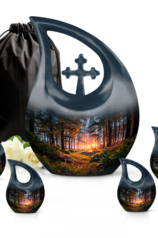 Onyx Black Campfire Cremation Urn urn with complimentary velvet bag - faith-inspired cross-drop urn with campfire pattern - memorial set with one large and four small urns