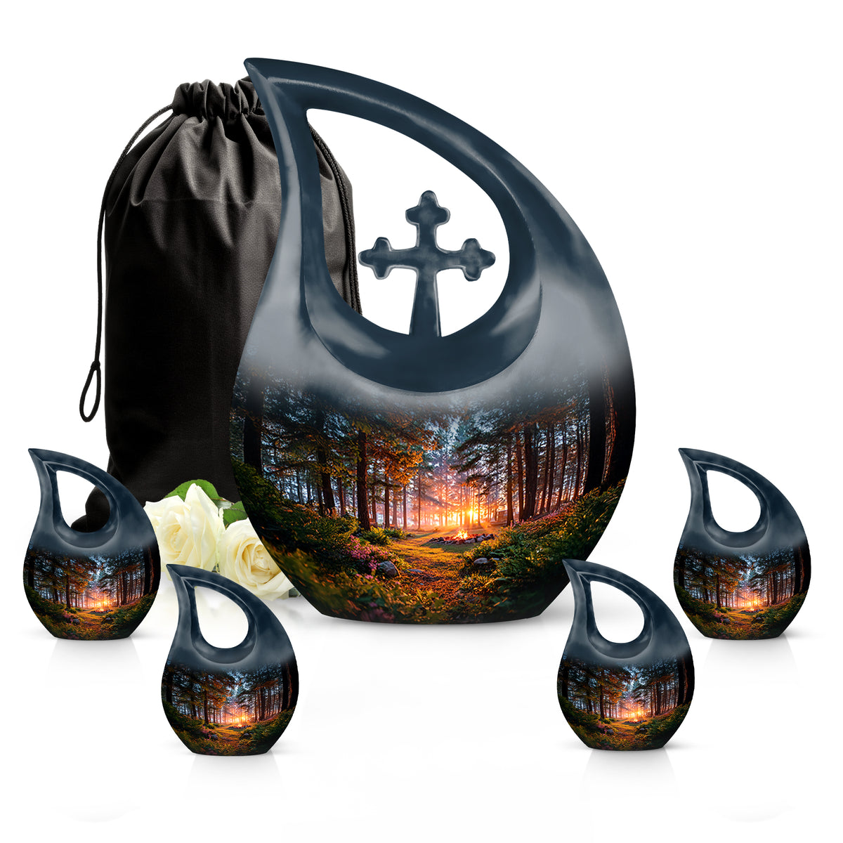 Onyx Black Campfire Cremation Urn urn with complimentary velvet bag - faith-inspired cross-drop urn with campfire pattern - memorial set with one large and four small urns