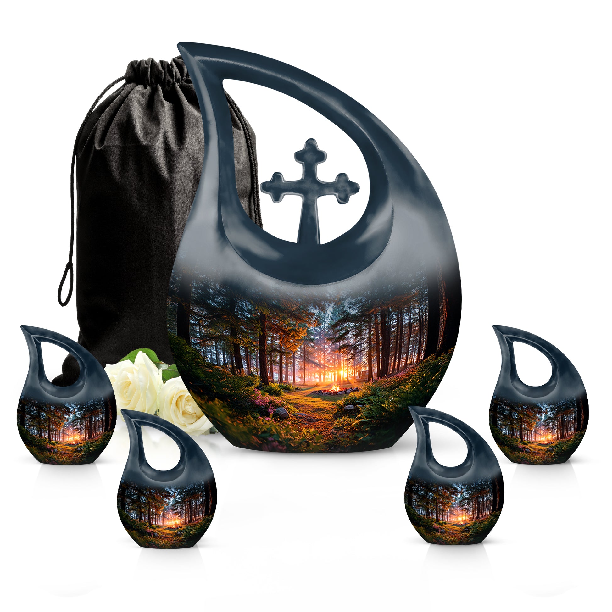 Onyx Black Campfire Cremation Urn urn with complimentary velvet bag - faith-inspired cross-drop urn with campfire pattern - memorial set with one large and four small urns