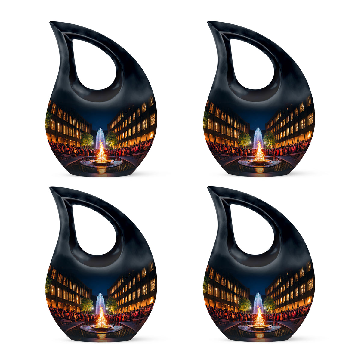 Onyx Black Campfire Cremation Urn lifestyle display on memorial shelf - devotional cross-drop campfire engraving - 10 inch aluminum urn for cremated remains