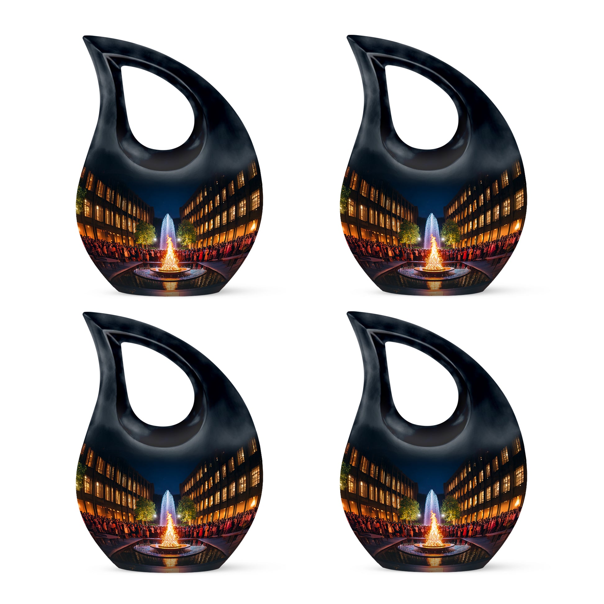 Onyx Black Campfire Cremation Urn lifestyle display on memorial shelf - devotional cross-drop campfire engraving - 10 inch aluminum urn for cremated remains