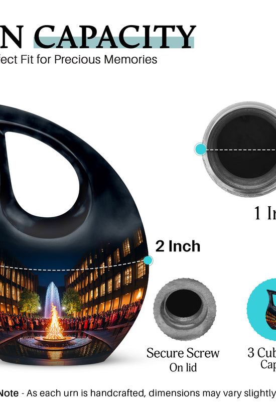 Onyx Black Campfire Cremation Urn back view with polished surface - faith-inspired cross-drop urn with campfire pattern - mini keepsake memorial for portion of cremation ashes