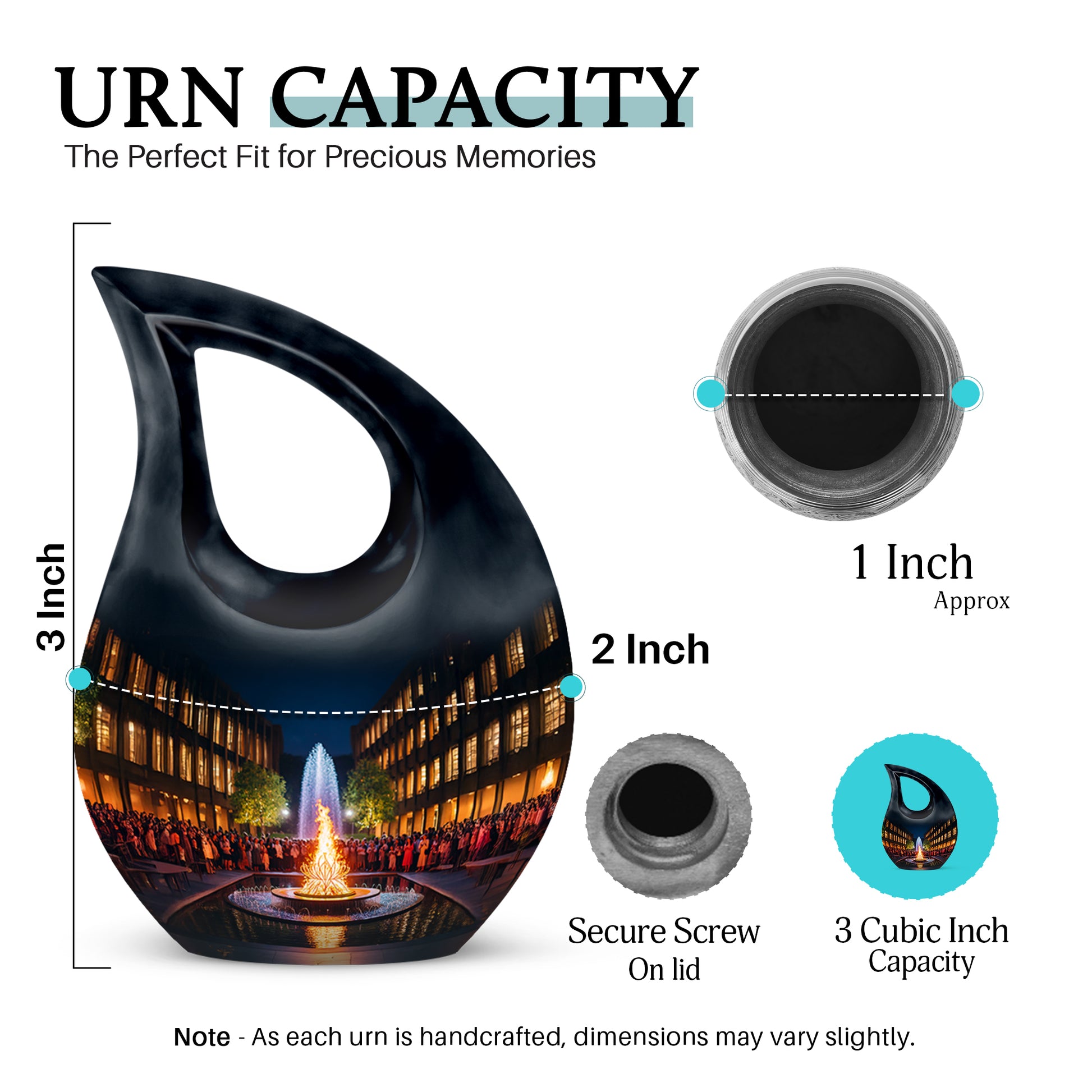 Onyx Black Campfire Cremation Urn back view with polished surface - faith-inspired cross-drop urn with campfire pattern - mini keepsake memorial for portion of cremation ashes