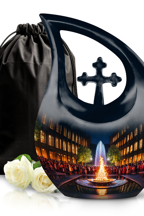 Dark Black Campfire Cremation Urn top-down view of secure threaded lid - devotional cross-drop campfire engraving - full-size 10 inch 200 cubic inch adult cremation urn