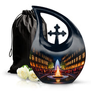 Dark Black Campfire Cremation Urn top-down view of secure threaded lid - devotional cross-drop campfire engraving - full-size 10 inch 200 cubic inch adult cremation urn