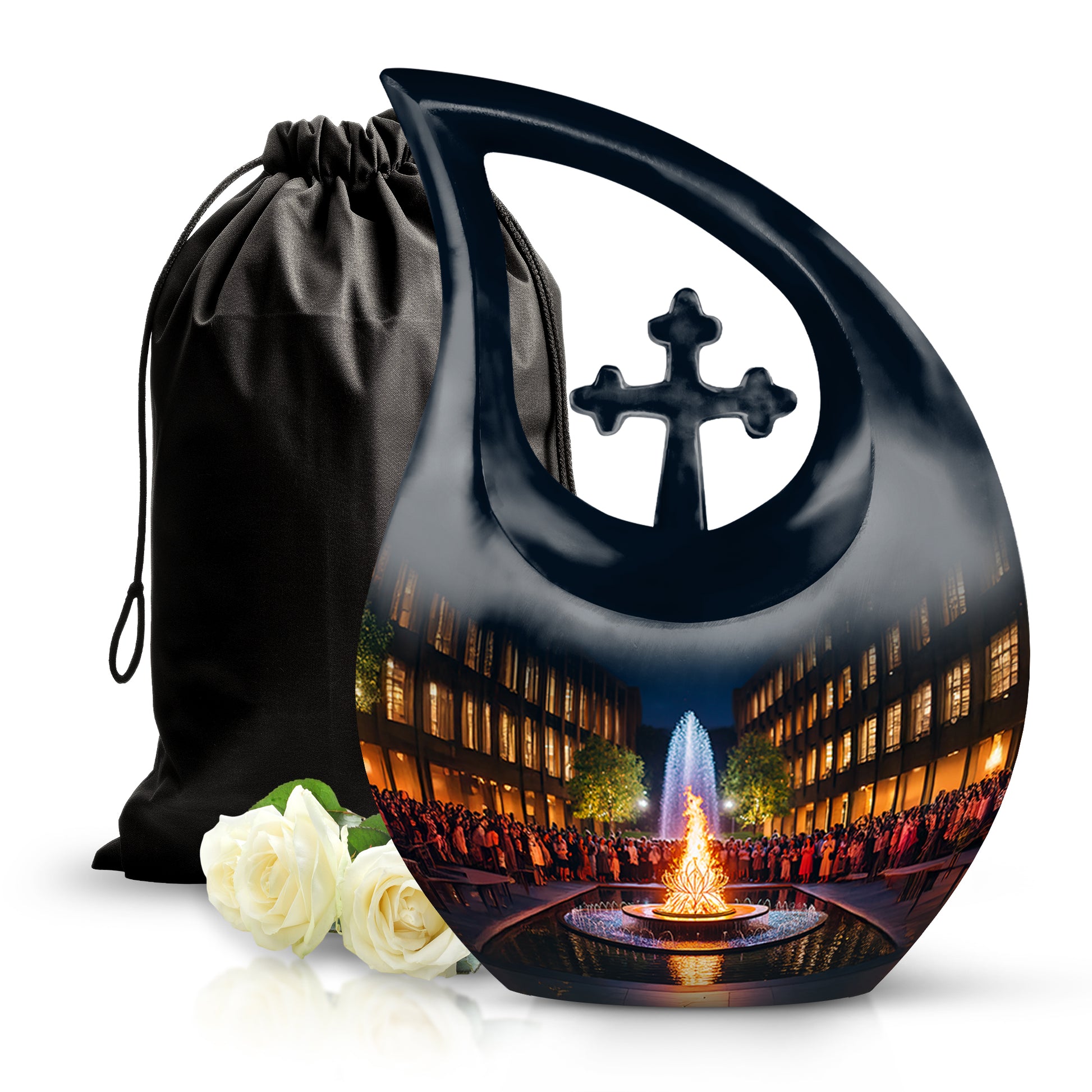 Dark Black Campfire Cremation Urn top-down view of secure threaded lid - devotional cross-drop campfire engraving - full-size 10 inch 200 cubic inch adult cremation urn