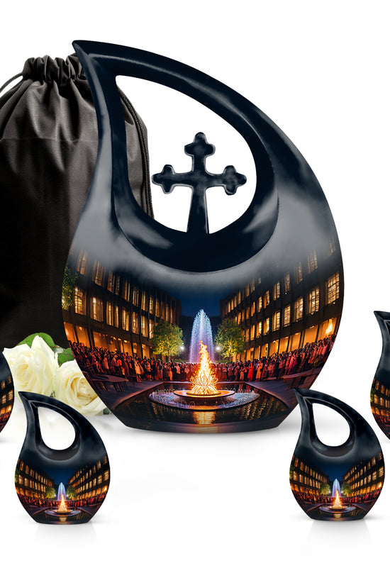 Onyx Black Campfire Cremation Urn urn with complimentary velvet bag - faith-inspired cross-drop urn with campfire pattern - memorial set with one large and four small urns