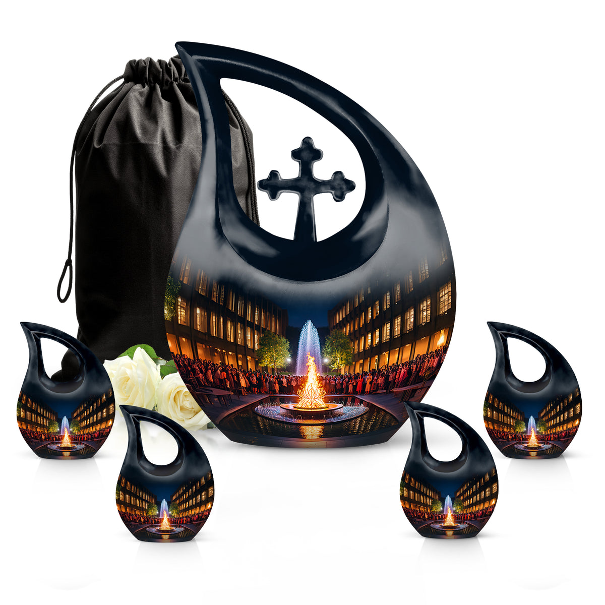 Onyx Black Campfire Cremation Urn urn with complimentary velvet bag - faith-inspired cross-drop urn with campfire pattern - memorial set with one large and four small urns