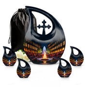 Onyx Black Campfire Cremation Urn urn with complimentary velvet bag - faith-inspired cross-drop urn with campfire pattern - memorial set with one large and four small urns