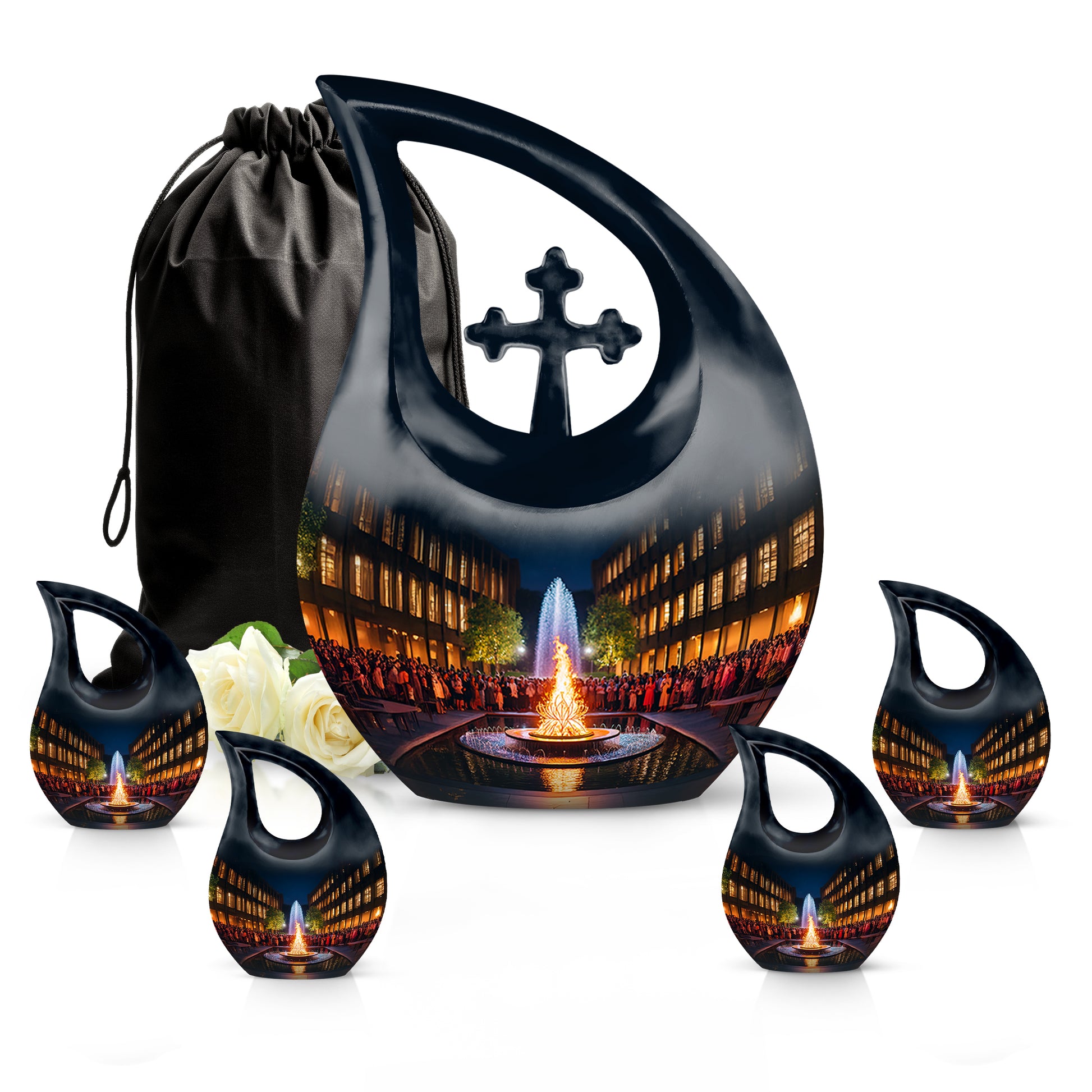 Onyx Black Campfire Cremation Urn urn with complimentary velvet bag - faith-inspired cross-drop urn with campfire pattern - memorial set with one large and four small urns