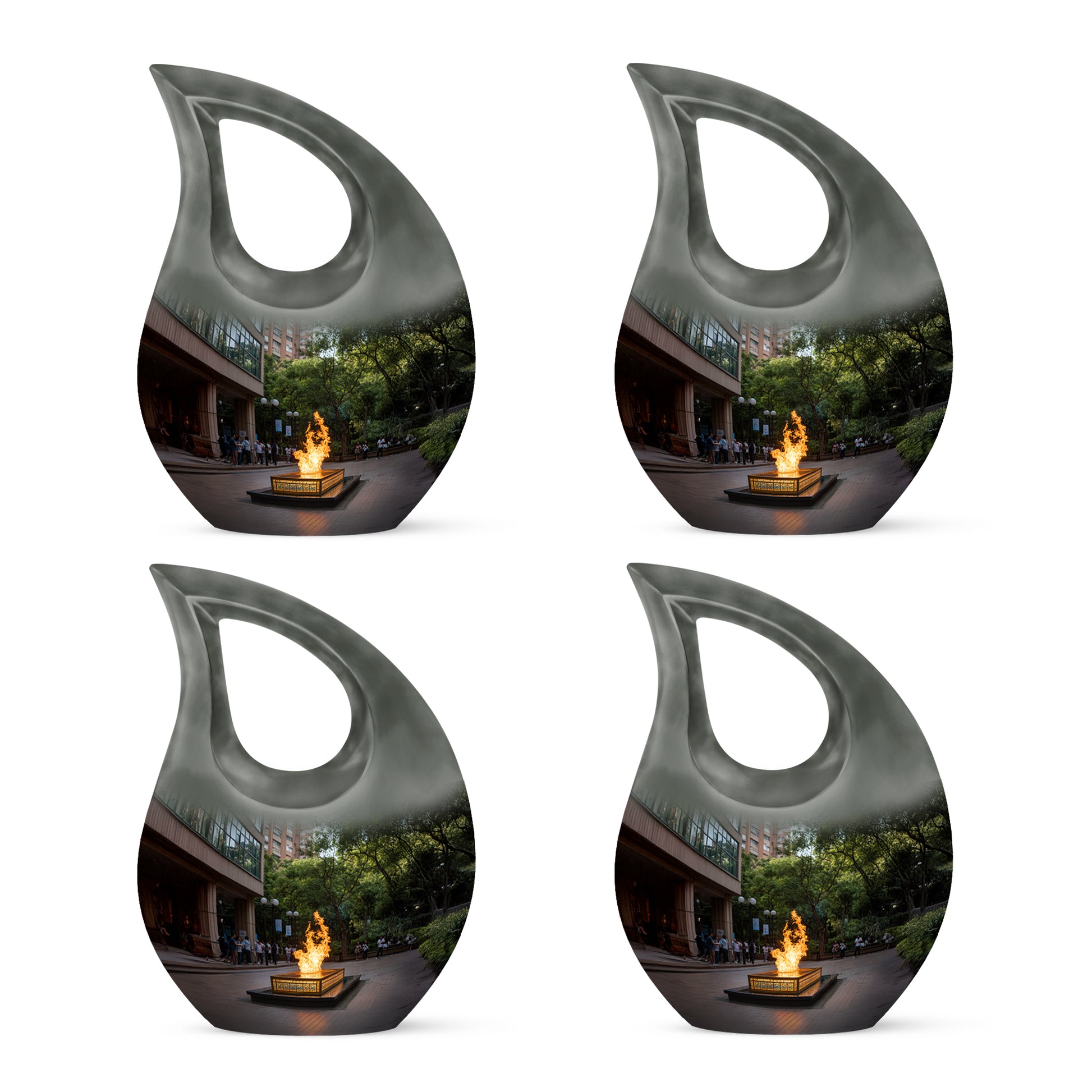Charcoal Black Campfire Cremation Urn lifestyle display on memorial shelf - faith-inspired cross-drop urn with campfire pattern - 10 inch aluminum urn for cremated remains
