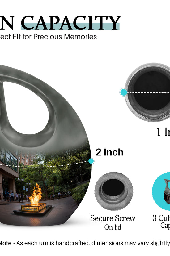 Deep Black Campfire Cremation Urn back view with polished surface - cross and campfire combined in spiritual memorial design - mini keepsake memorial for portion of cremation ashes
