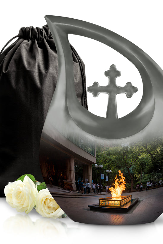 Glossy Black Campfire Cremation Urn top-down view of secure threaded lid - cross and campfire combined in spiritual memorial design - full-size 10 inch 200 cubic inch adult cremation urn