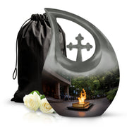 Glossy Black Campfire Cremation Urn top-down view of secure threaded lid - cross and campfire combined in spiritual memorial design - full-size 10 inch 200 cubic inch adult cremation urn