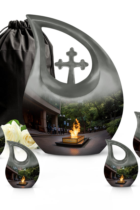 Midnight Black Campfire Cremation Urn urn with complimentary velvet bag - devotional cross-drop campfire engraving - memorial set with one large and four small urns