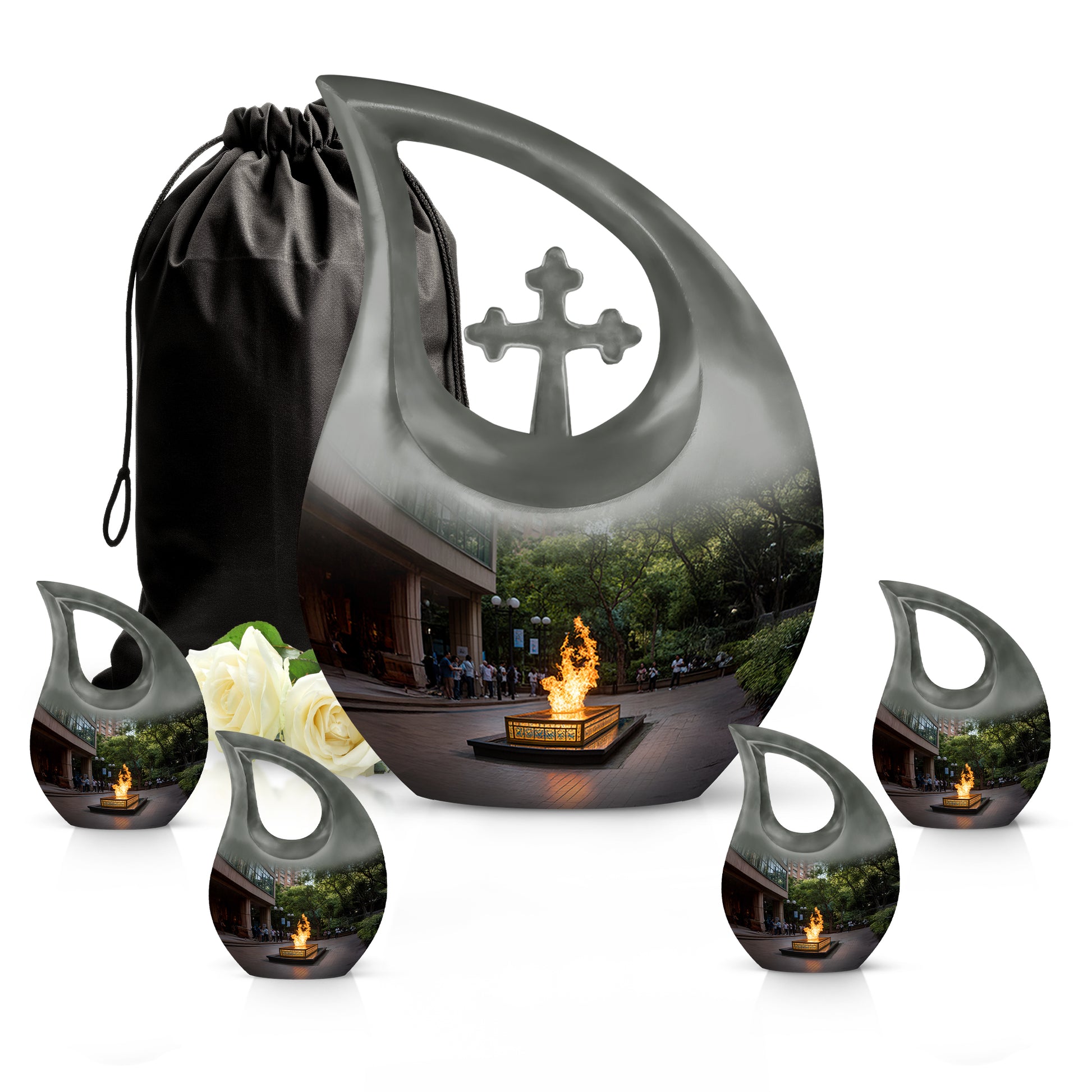 Midnight Black Campfire Cremation Urn urn with complimentary velvet bag - devotional cross-drop campfire engraving - memorial set with one large and four small urns